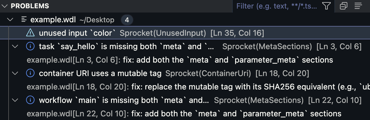 A view of the "Problems" tab in VSCode with Sprocket reported
issues